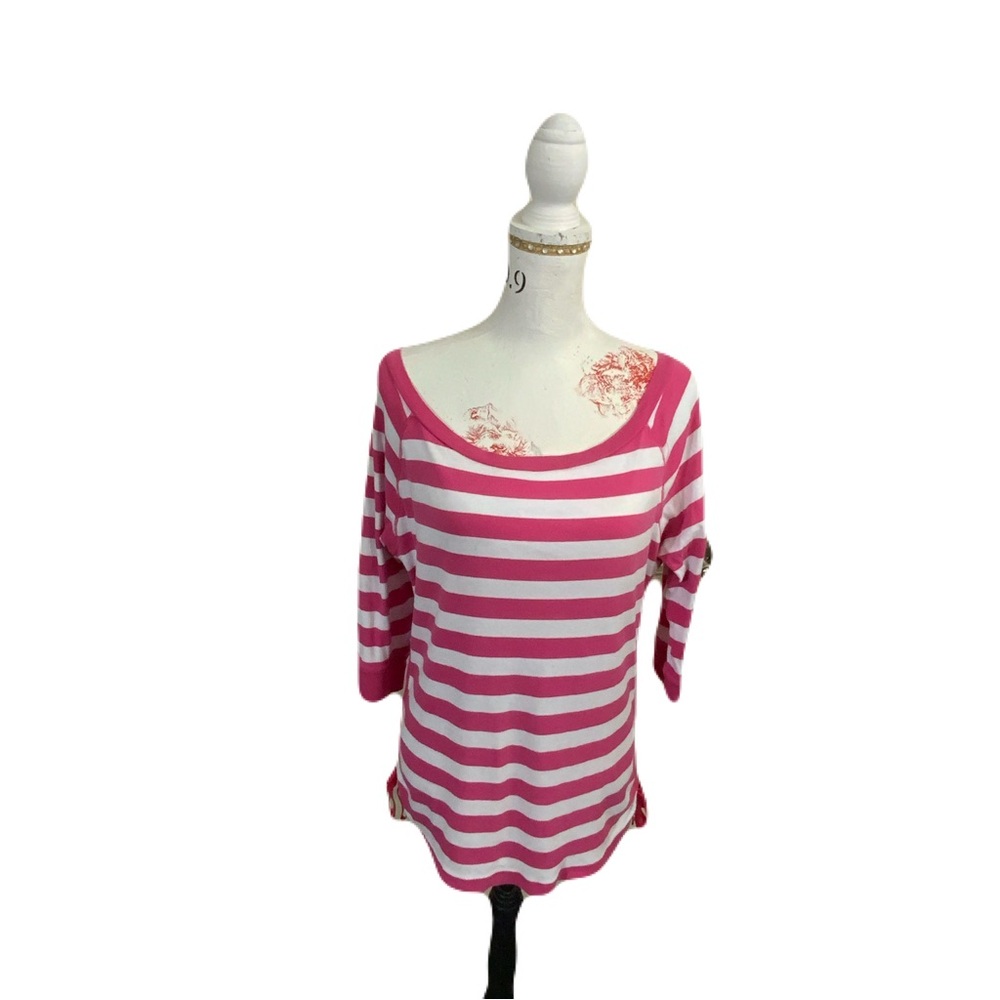 Ralph Lauren Pink and White Striped Boat Neck Short Sleeve Tee